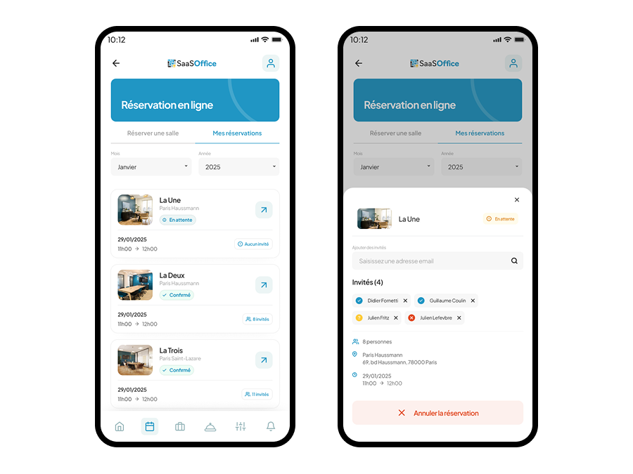 App SaaSOffice côté occupant — vue mobile